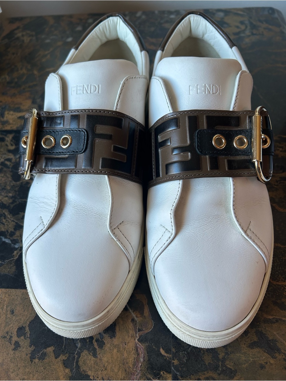 Fendi White Leather Slip-On Sneakers with Brown and Black FF Strap